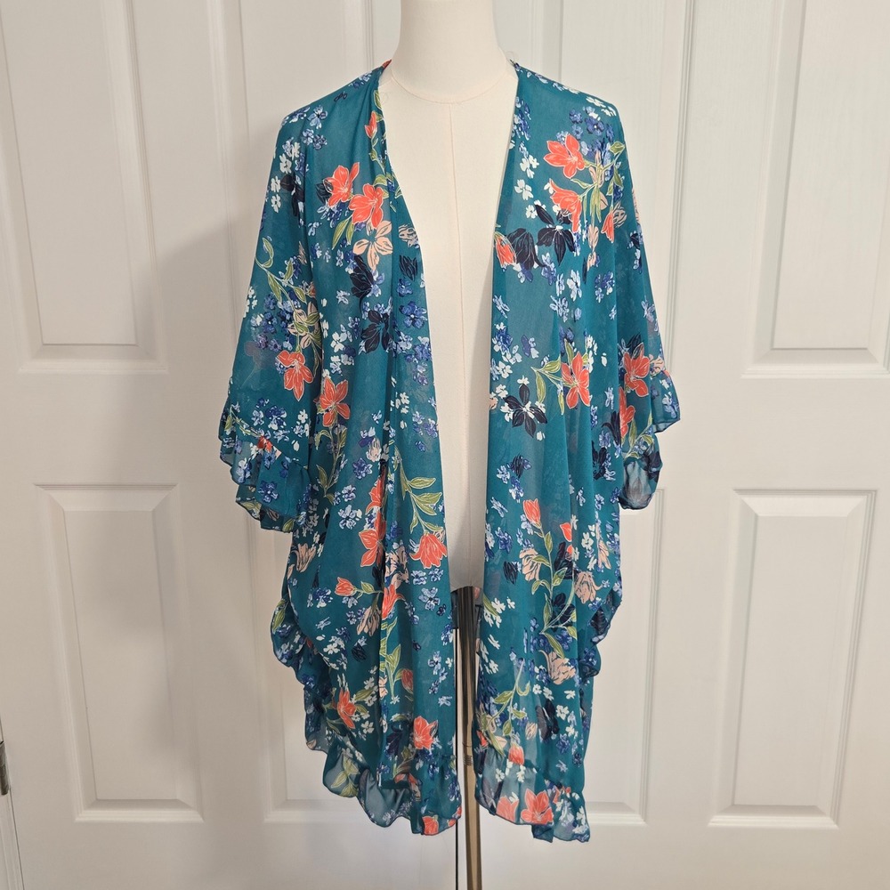CY Fashion Kimono Wrap Womens Large Teal Floral Ruffle Trim Open Front MC5702